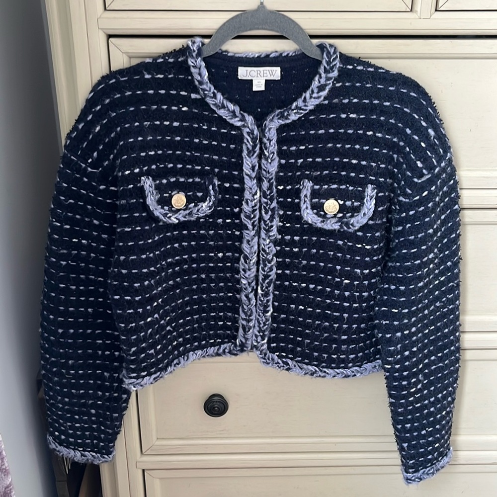 J. Crew cropped lady jacket in marled yarn navy blue XS